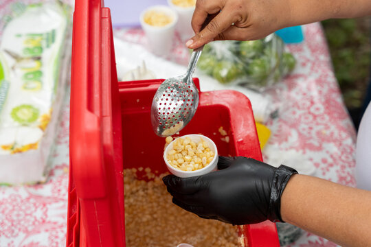 Traditional Mexican esquite in a cup, with cooked corn kernels, cream, and cheese, at a street stall in a garden. chascas, vasolotes, trolelotes, elote en vasito, elote en vaso