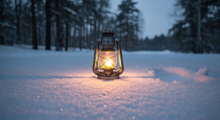 Classic oil lantern casting a warm glow on fresh snow in a tranquil winter forest