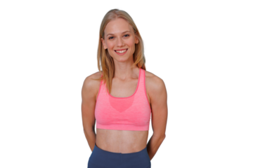 Blonde woman smiling, standing in sportswear, fit and active, celebrating health and workout success