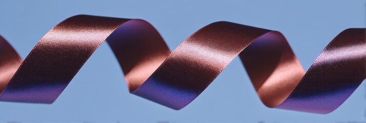 Macro closeup of glossy ribbon with an elegant copper and blue color gradient, forming an abstract fluid design.