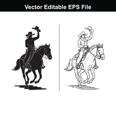 Silhouette cowboy raising hat while riding horse, contrasted with detailed drawing of cowboy on horseback tipping hat