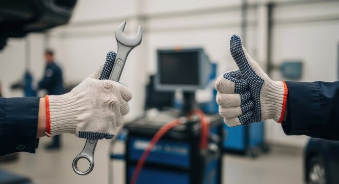Close-up of gloved hands, one holding a wrench, the other giving a thumbs up sign