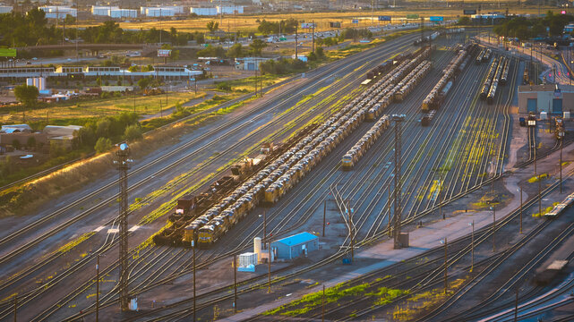 Aerial Train Yard and Railroad Tracks in Downtown Salt Lake City Utah