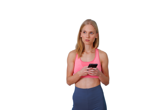 Concerned fitness woman using smartphone, looking away in thought, checking workout progress, transparent background