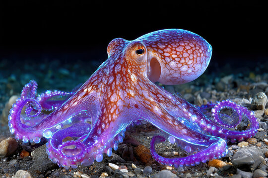 Bioluminescent Octopus on Dark Ocean Floor with Rocks
