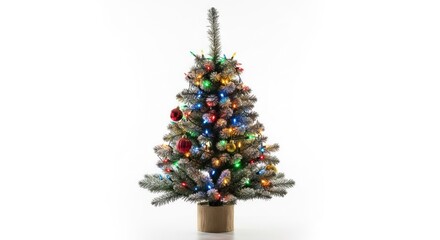 Decorated tabletop spruce, lightly flocked, adorned with vibrant lights and festive baubles