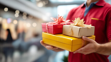 Faceless deliveryman holding gift boxes defocused logistics background fast express shipping delivery concept urgent courier service priority parcel handling rapid fulfillment