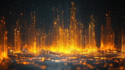 Dynamic abstract scene of bright orange data streams rising from a glowing network