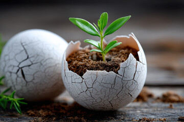 New life growing in cracked eggshells on wood