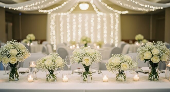 Elegant event table with white rose bouquets, glowing candles, and festive string lights