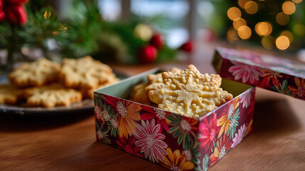 Christmas biscuits and holiday gift box faceless home bakes defocused cottage background winter holidays present homemade shortbread baking recipe inspiration festive food