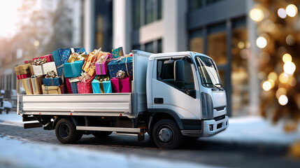 Naklejka premium Delivery truck full of christmas gifts faceless vehicle parked defocused snowy street background holiday logistics transport seasonal shipping fleet loaded festive gift