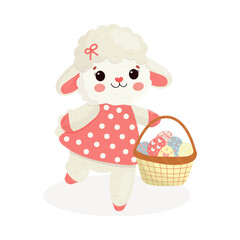 Easter lamb in a festive polka dot outfit and a basket of pastel eggs with spring flowers. Vector Easter illustration with a cute character and a decorative egg.
