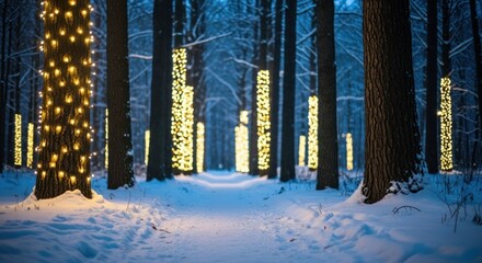 Enchanting winter forest, a snowy path winds between tall trees adorned with warm lights