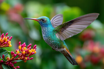 Obraz premium A Vibrant Hummingbird Hovers Near Colorful Tropical Flowers in Lush Greenery