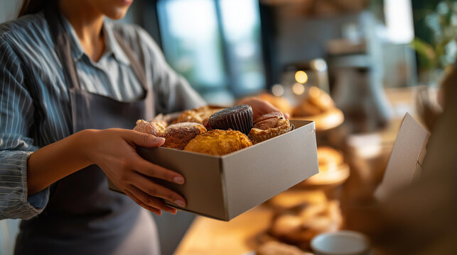 Faceless woman bakery shop owner holding delivery box defocused kitchen background customer order fulfillment pastry and cake baking small business entrepreneur food delivery