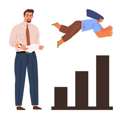 Man with document studies bar graph, woman jumps forward in dynamic motion, representing progress. Ideal for business, teamwork, growth, innovation, goal-setting motivation leadership. Simple flat