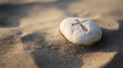 Smooth white stone small engraved cross. Serene spiritual symbol on a calm sand surface. Hope peace.