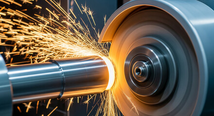 Close-up of metal grinding process, sparks flying, showcasing industrial precision and power, representing manufacturing, technology, and heavy industry
