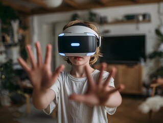 Young boy is playing a video game with a virtual reality headset on. He is holding his hands up in front of him, as if he is reaching out to something. The room is decorated with various items
