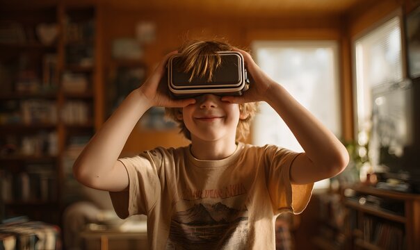 Young boy is wearing a VR headset and smiling. He is standing in a room with a lot of books and a TV