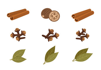 Illustration of cinnamon sticks nutmeg cloves and bay leaves arranged in a grid