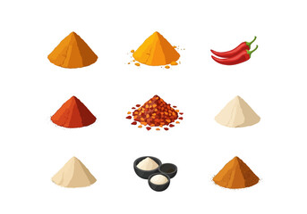 Nine icons of spices and chili peppers arranged in a 3x3 grid