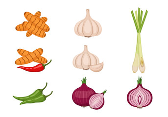 Illustrations of turmeric chili peppers garlic lemongrass and red onions