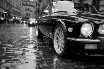 Black vintage car parked on wet cobblestone street