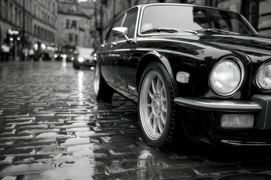 Fototapeta Black vintage car parked on wet cobblestone street