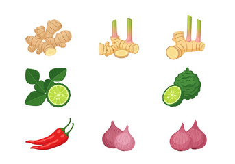 Six pairs of Thai culinary ingredients displayed in a threebytwo grid layout