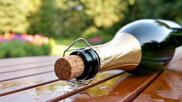Elegant Champagne Bottle with Cork on Wooden Table in Garden Setting