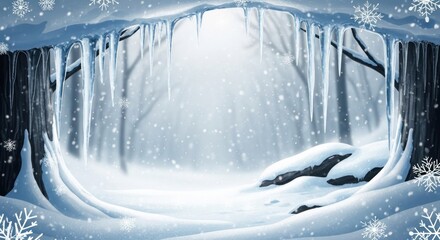 Frozen landscape with snow-covered ground, falling flakes, glowing light, and icicles