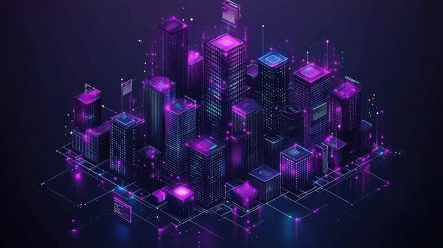 Futuristic smart city in isometric view with glowing purple and blue data connections - Powered by Adobe