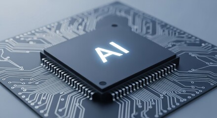 Glowing AI chip centered on a circuit board, symbolizing artificial intelligence technology
