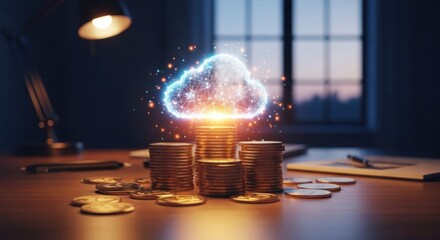 Glowing digital cloud above stacked gold coins on a desk, symbolizing financial growth