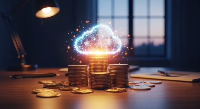 Glowing digital cloud above stacked gold coins on a desk, symbolizing financial growth