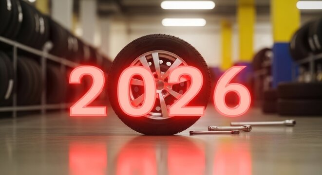 Glowing red 2026 over car tire on workshop floor with tools and stacked tires