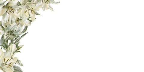 White lily flower and leaves in cemicircular template as a symbol of grief and sorrow.Grace in its solitude and peace.Hand drawn watercolor template for funeral,baptism,communion,wedding,church