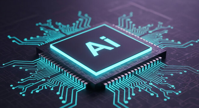 AI microchip with glowing cyan circuitry, showcasing artificial intelligence technology concept.  Represents innovation, future tech, and digital processing - Powered by Adobe