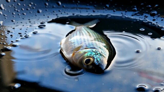 Silver Fish in Water with Droplets on Surface