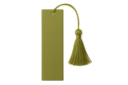 Green leather bookmark with tassel on transparent background