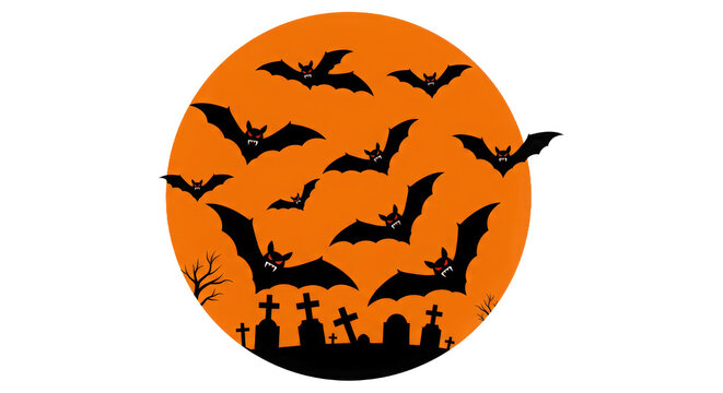 Spooky flying bats, cemetery, bare tree, and orange full moon.