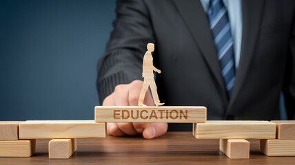 Business professional guiding education and career progression with wooden blocks, concept of learning and opportunity, success