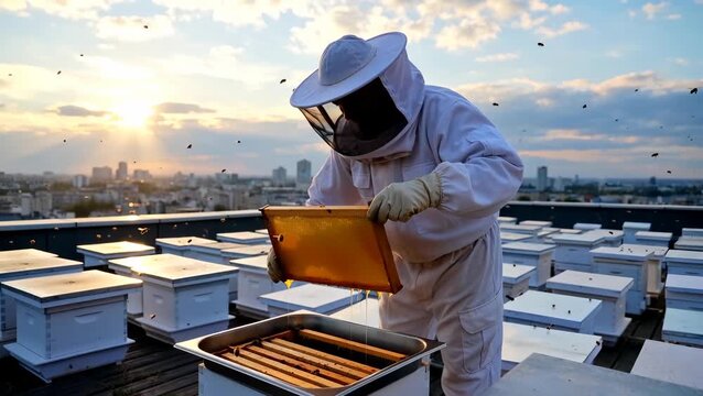 Beekeeper Harvesting Honey in Urban Setting During Sunset