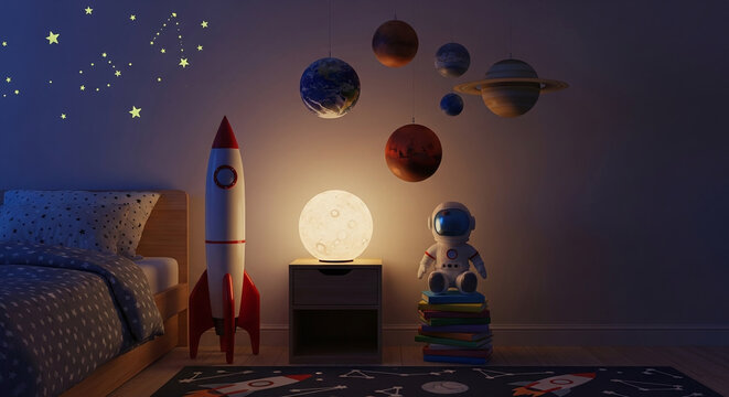 A cozy kids bedroom with space exploration theme toys and decor creating a dreamy atmosphere
