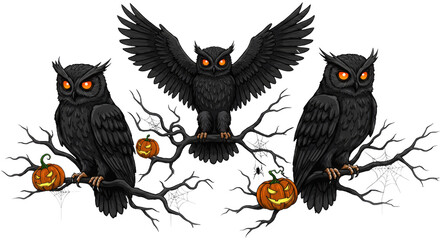 Three dark owls with glowing eyes and spooky pumpkins on branches