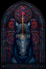Stained glass unicorn with intricate floral design in bold colors  