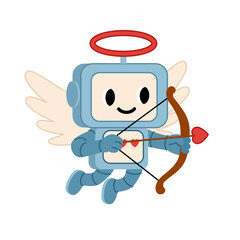Cute robot angel with wings and halo aiming heart arrow vector illustration of love and technology for Valentine's Day, romance, apps, or marketing campaigns.