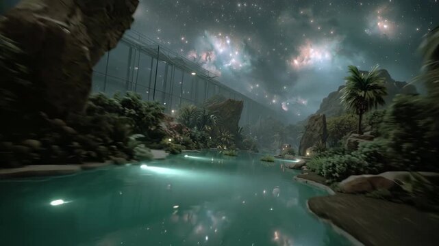 Surreal journey through a futuristic biodome, where a river flows between lush vegetation and rocky shores under a breathtaking starry night sky, reflecting the galaxy in its calm waters